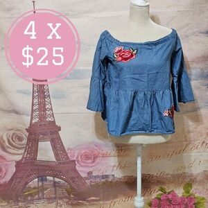 a.n.a Blue Floral Embroidered Blouse Sz S